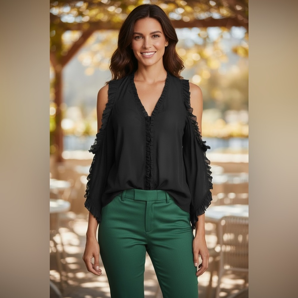 Alice + Olivia Claudette Ruffled-Trimmed Cold Shoulder Silk Blouse Small